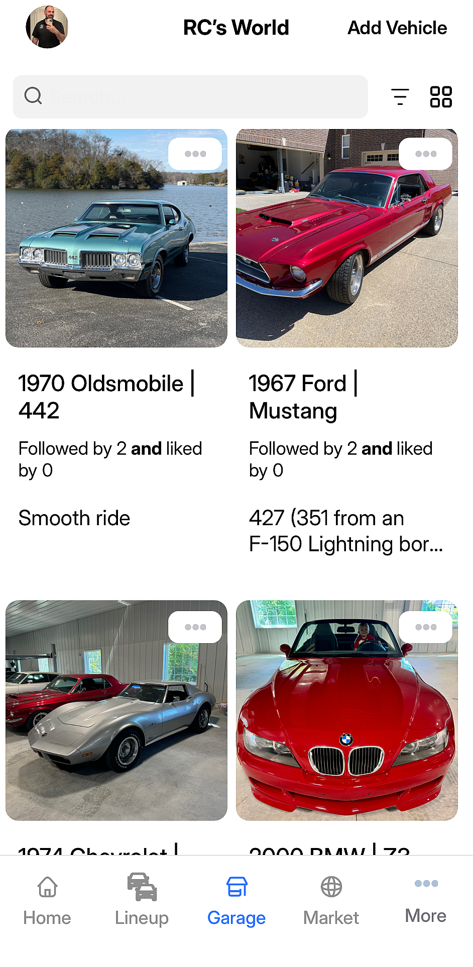 mWorld digital garage showing multiple vehicles